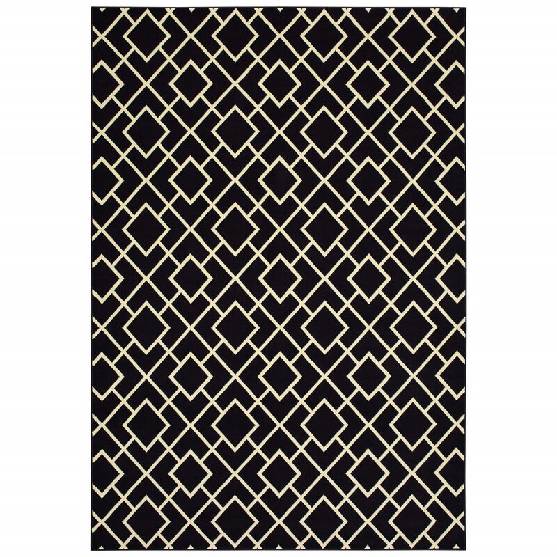 9' X 12' Black Ivory Machine Woven Geometric Diamonds Indoor Area Rug
