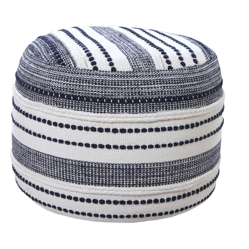 Cotton Upholstered Cylinder Pouf &ndash; Striped Round Ottoman Footstool for Bedroom