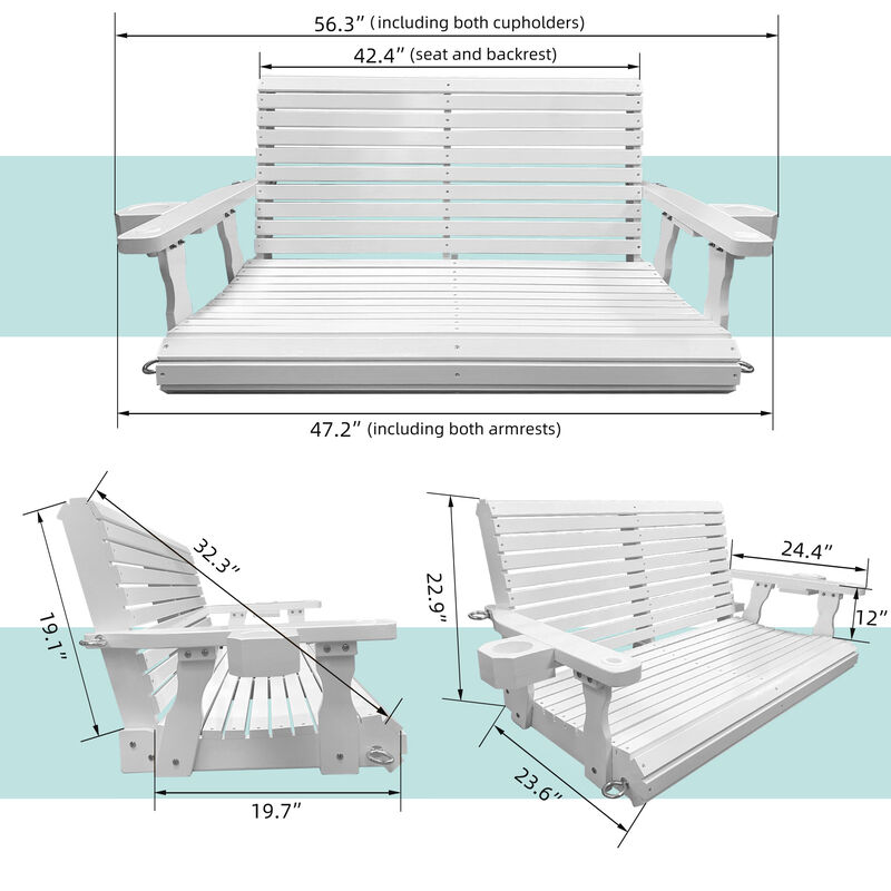 Wooden Porch Swing 2-Seater, Bench Swing with Cupholders, Hanging Chains and 7mm Springs, Heavy Duty 800 LBS, for Outdoor Patio Garden Yard (White)