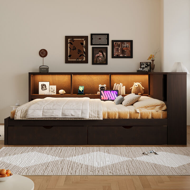 Merax Wooden Queen Daybed with Storage Shelves, LED Light Strip, USB