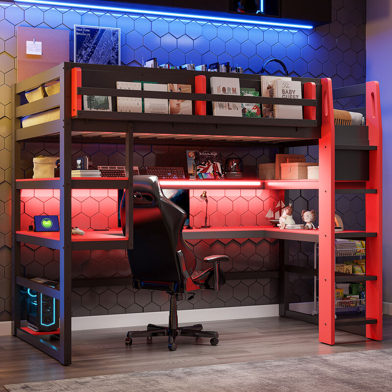 Merax Gaming Wood Loft Bed with RGB LED, USB Ports & Storage Rack image number 2