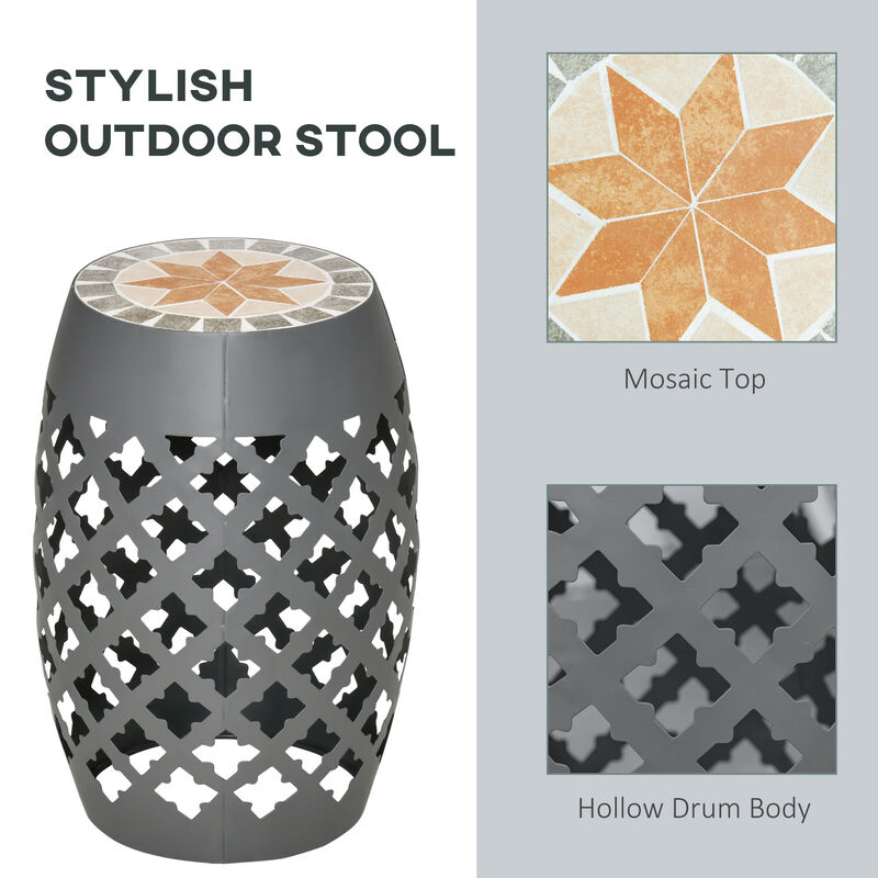 12" Patio Round Stool Outdoor Footstool Mosaic Side Table Plant Stand, Grey