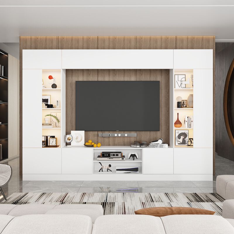 4-Piece White Wood Entertainment Center TV Console with Door Cabinets, Bookshelves, LED Lights for TVs up to 65 in.