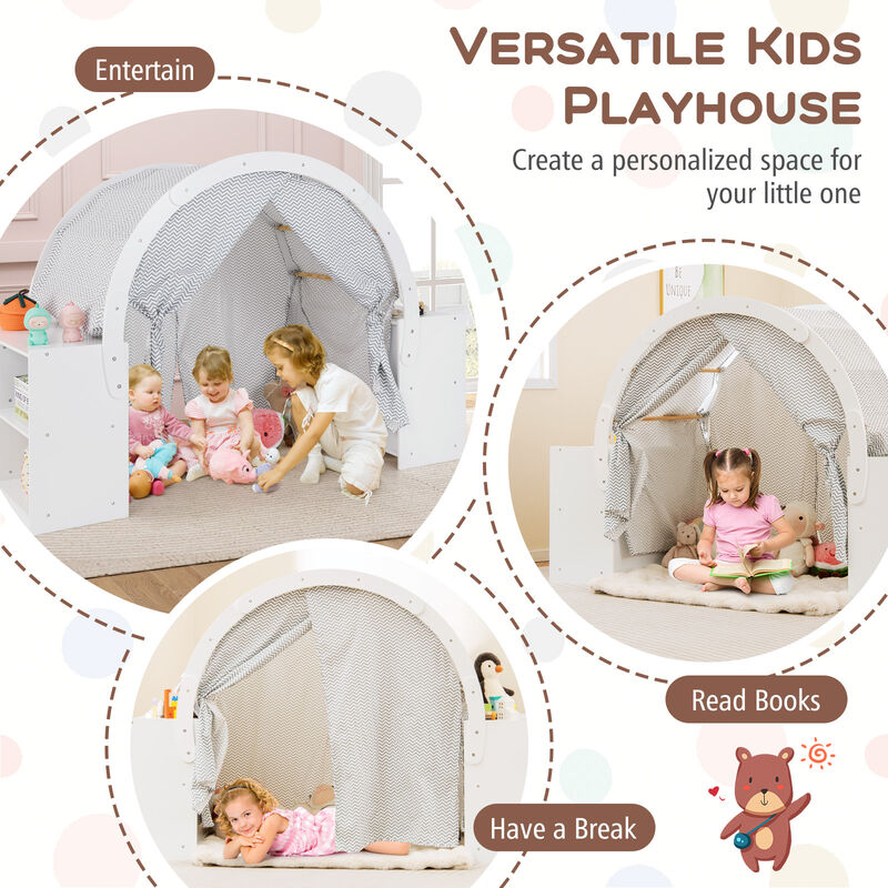 Kids Indoor Playhouse Tent with Curtain Doors and 8 Cubbies &ndash; Wooden Frame Construction