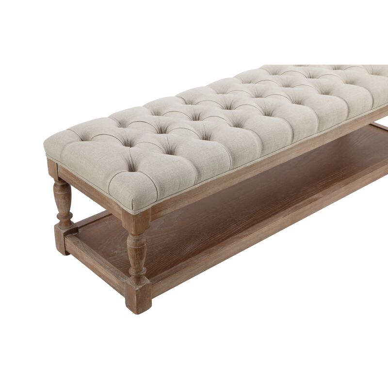 Xena Bench, 59 Inch Tufted Padded White Linen Top, Solid Wood Base