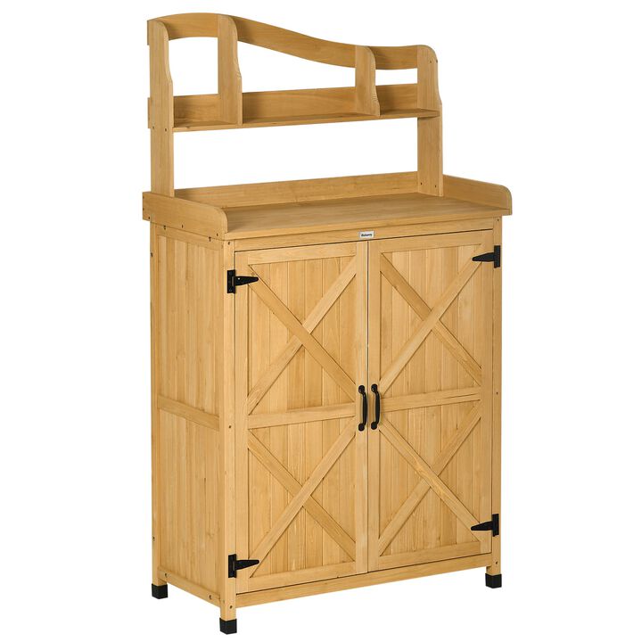 Outdoor Storage Cabinet & Potting Table, Wooden Gardening Bench with Patio Cabinet and Magnetic Doors, Yellow