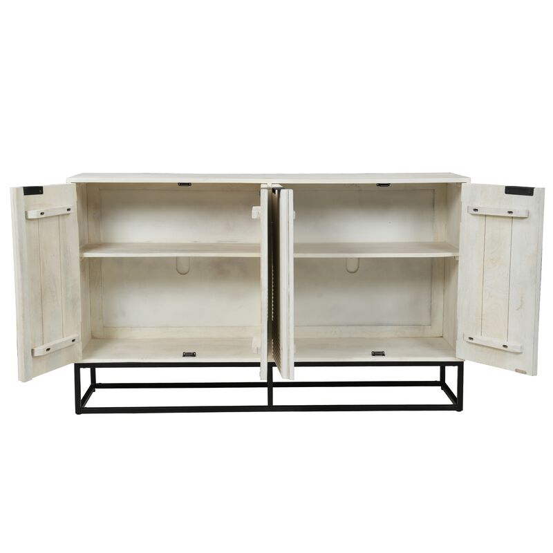 Seya 4 Door Sideboard Console, Fluted Front, Antique White Mango Wood, Black Iron Base, 60 Inch image number 2
