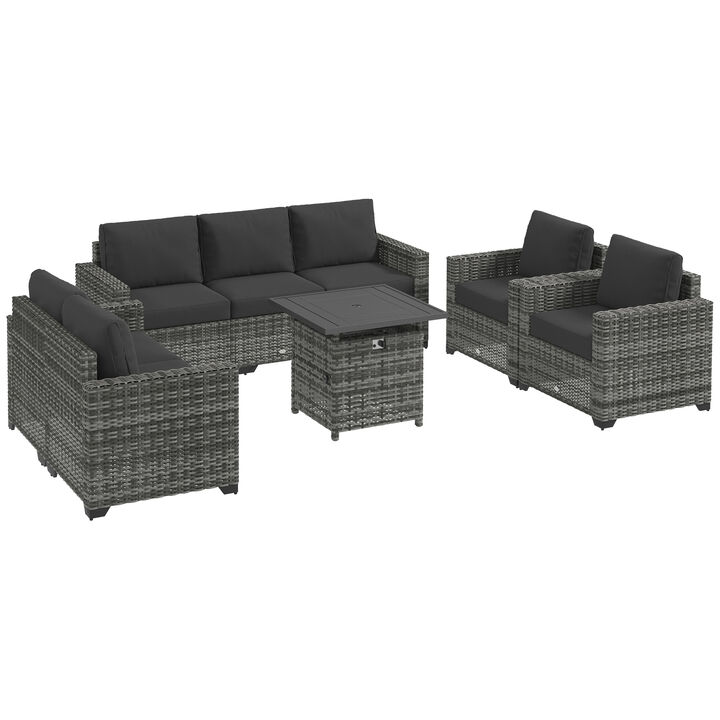 Outsunny 5 Piece Wicker Patio Furniture Set with Thick Padded Cushions, Outdoor PE Rattan Sectional Furniture Conversation Sofa Set, Sofa, Chairs, Loveseat and Fire Pit Table, Dark Gray