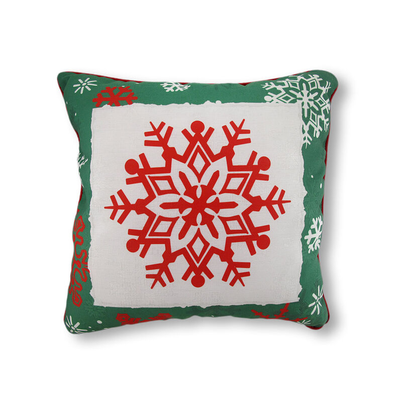 Reversible Winter Crisp Red and Green Snowflakes Pillow 18 In. image number 0