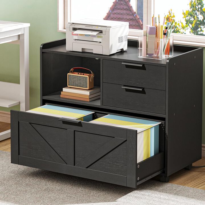 Lateral File Cabinet Wooden with Charging Station, Home Office Storage Unit