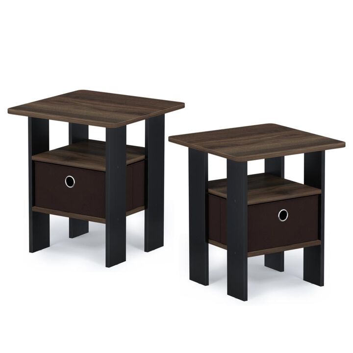 Furinno Andrey Set of 2 End Table / Side Table / Night Stand / Bedside Table with Bin Drawer, Columbia Walnut/Dark Brown