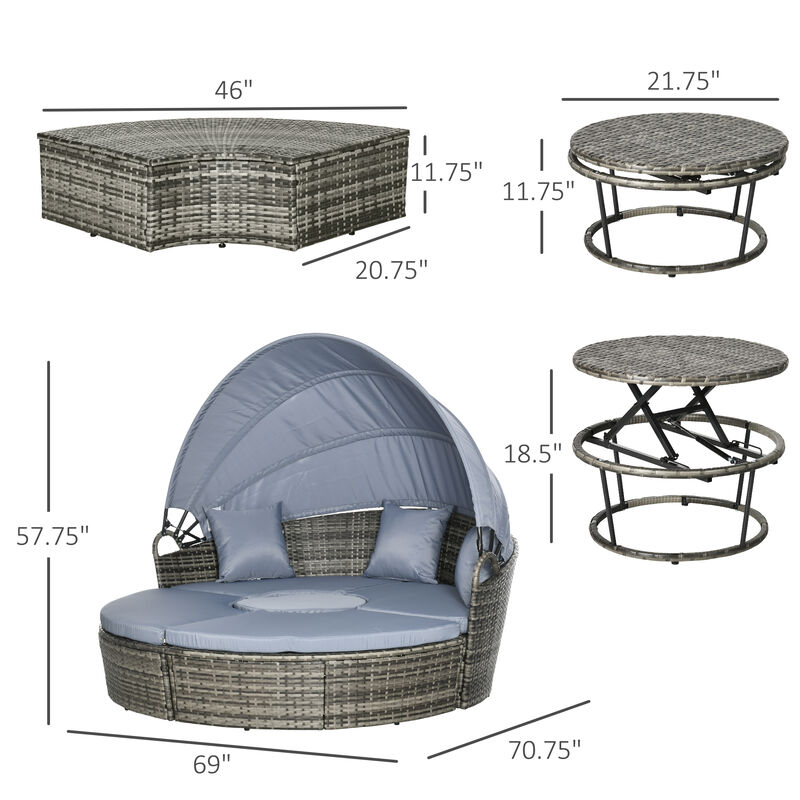 Outsunny 4 Piece Round Rattan Daybed, Convertible Patio Furniture Set, Adjustable Sun Canopy, Sectional Outdoor Sofa, 2 Chairs, Extending Tea Table Ottoman Chair, 3 Pillows, Light Gray