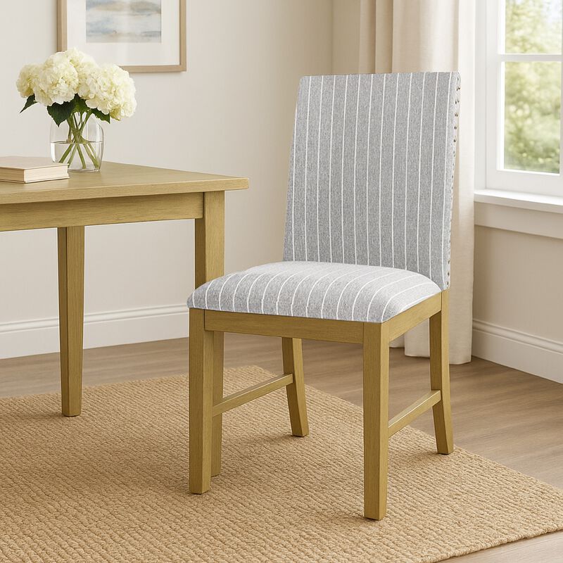 Tim Dining Chair Set of 2, Wood Apron Frame, Gray Striped Polyester