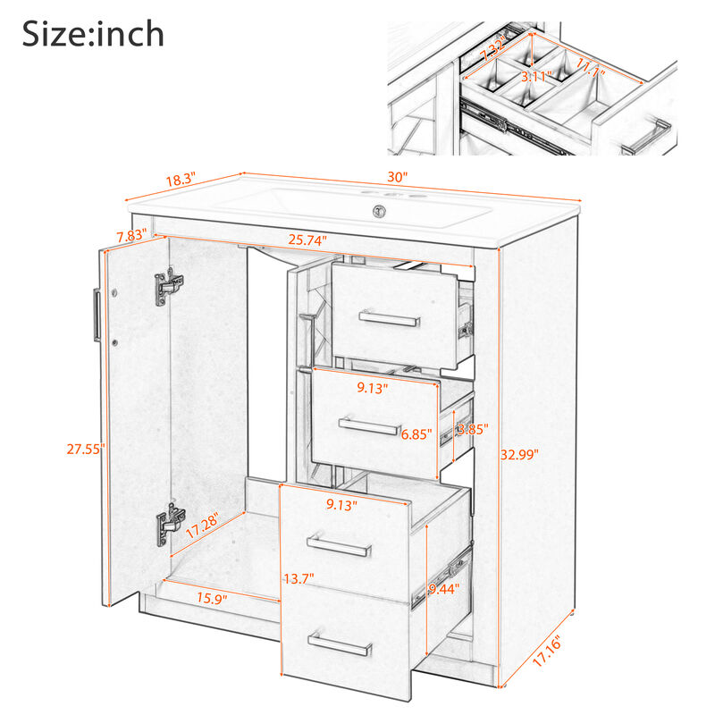 Merax Bathroom Vanity Cabinet with Undermount Ceramic Sink, 3 Drawers, Spacious Cabinet image number 5