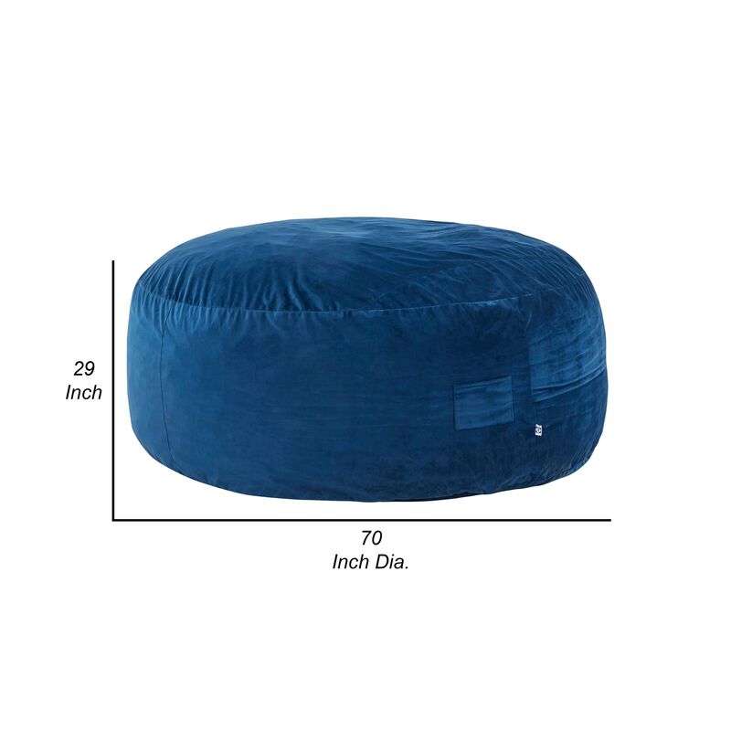 Olio 70 Inch Bean Bag, Round, Foam Filling, Velvet Upholstery, Navy Blue - Benzara