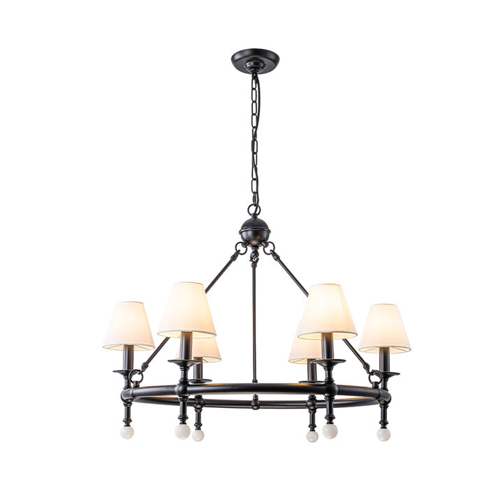 6-Light W34 Inch Matt Black Statement Chandelier Unique Classic Lighting with White Fabric Lamp Shades and Alabaster Finials for Dining Room Living Room