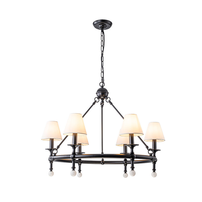 6-Light W34 Inch Matt Black Statement Chandelier Unique Classic Lighting with White Fabric Lamp Shades and Alabaster Finials for Dining Room Living Room image number 0