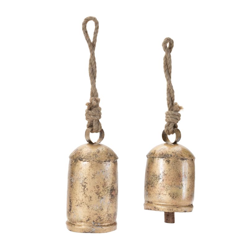 Set of 2 Rustic Metal Bell Ornaments with Distressed Finish for Seasonal Decor