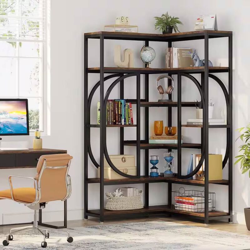 Modern Industrial Corner Bookcase with Metal Frame and Wood Shelves