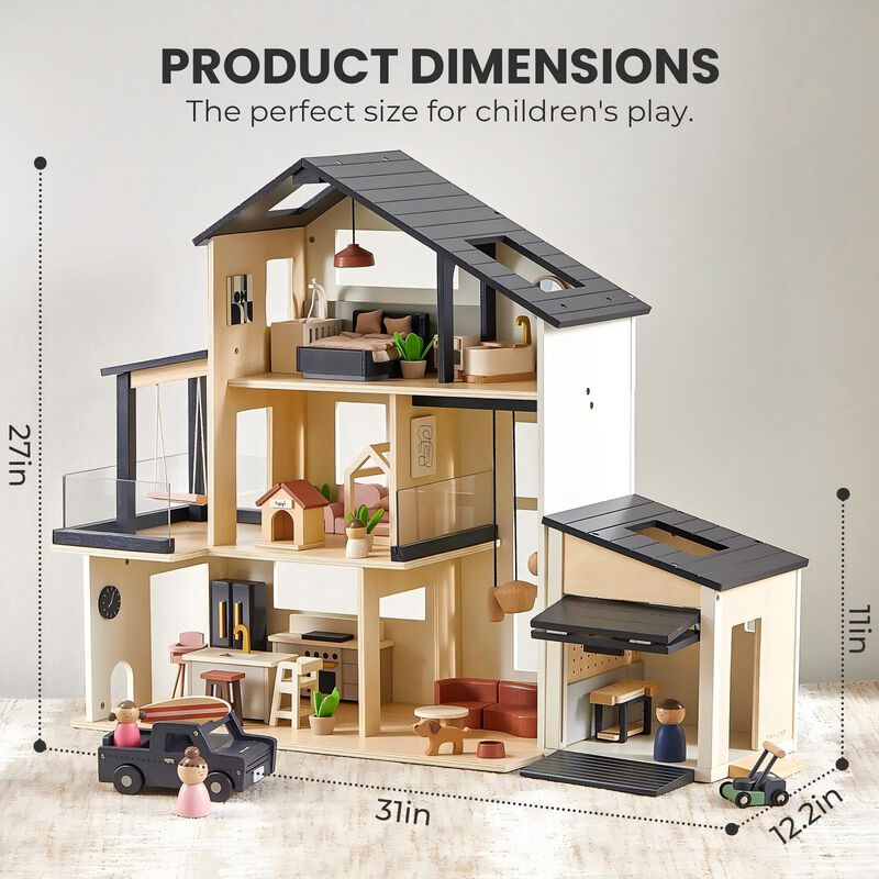 Wooden Doll House, Black Dollhouse & Dollhouse Garage & Extra Dolls Set image number 3