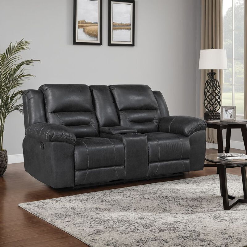 Henry Manual Double Reclining Loveseat w Console, Black Microfiber - Benzara