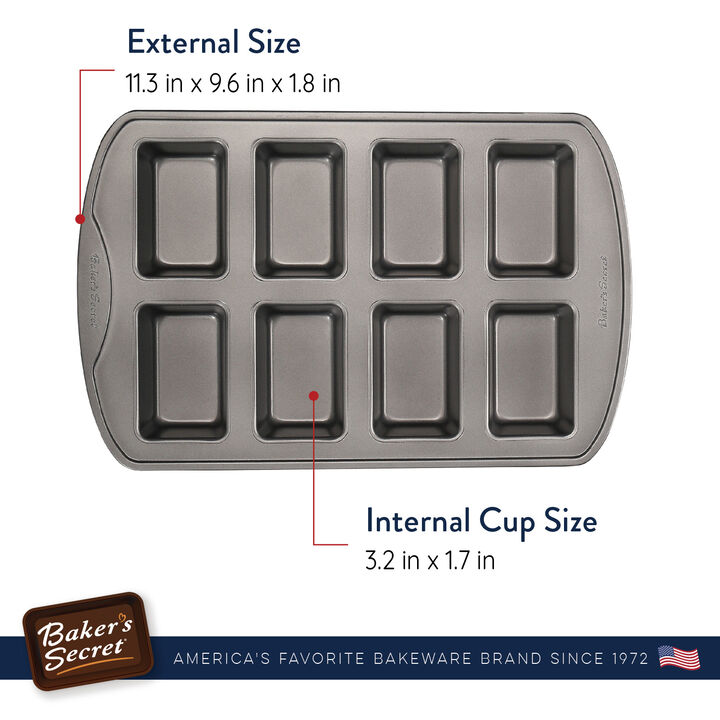 Baker's Secret Mini Loaf Pan 8Cups, Non-stick & Thick Carbon Steel for Durability, 15.5", Dark Gray, Baking Essentials, Classic Line Carbon Steel
