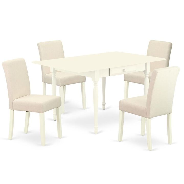 1MZAB5-LWH-02 5Pc Kitchen Set Consists of a Modern Dining Table and 4 Parson Chairs with Light Beige Color Linen Fabric, Drop Leaf Table with Full Back Chairs, Linen White Finish