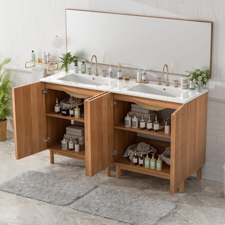 Whisen Traditional Bathroom Vanity with Ceramic Sink, Solid Wood Legs, MDF U-Shaped Adjustable Shelf, Soft-Close Doors, and Space-Saving Storage