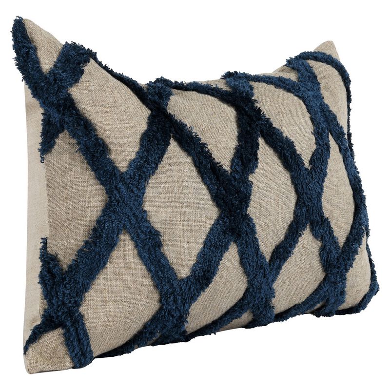Lo 14 x 20 Lumbar Linen Accent Throw Pillow, Tufted Diamond Pattern, Blue - Benzara