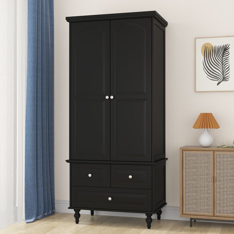 FUFU&GAGA Wooden Armoire with Double Doors, Shelves, and 3 Drawers (31.5" W x 19.7" D x 70.9" H), Black