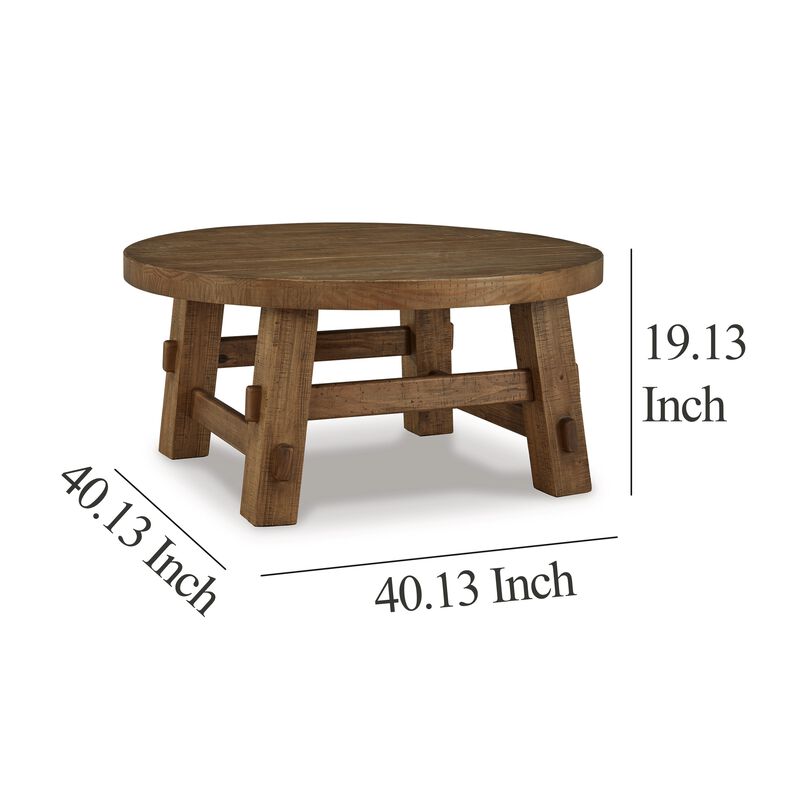 Ack Round Cocktail Coffee Table, Block Legs, 40 Inch Brown Pine Wood