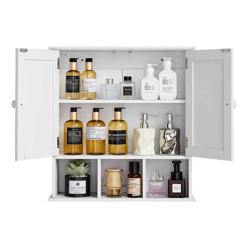 Wall Mounted Bathroom Cabinet with Mirrored Doors, Adjustable Shelf and Open Storage-White image number 7