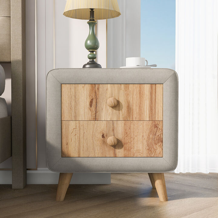 Upholstered Wooden Nightstand with 2 Drawers, Fully Assembled Except Legs and Handles, Bedside Table with Rubber Wood Leg