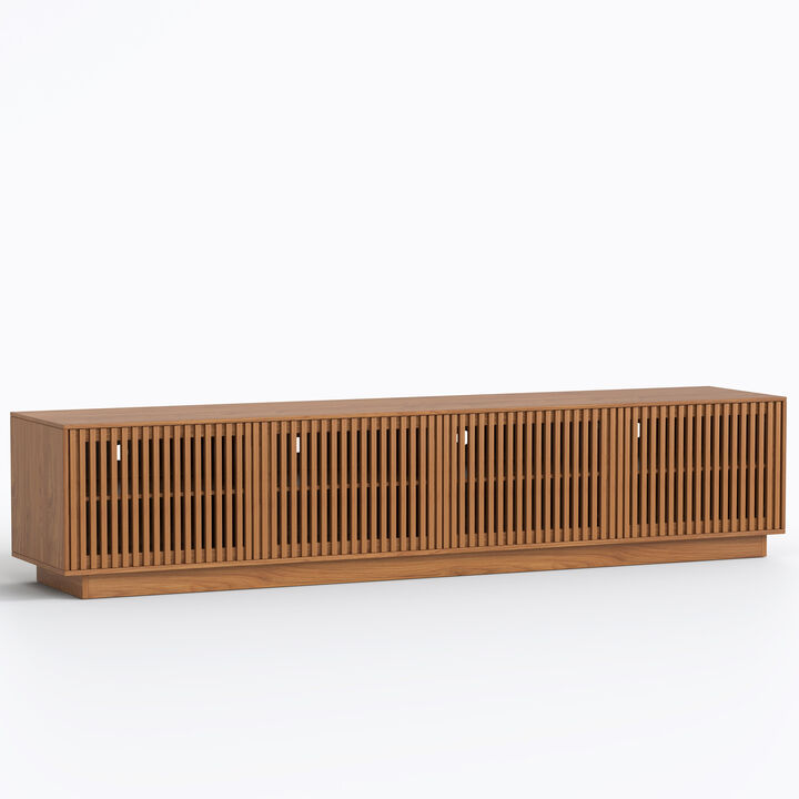 Wooden TV Stand with 4 Slatted Doors for Living Room, Walnut