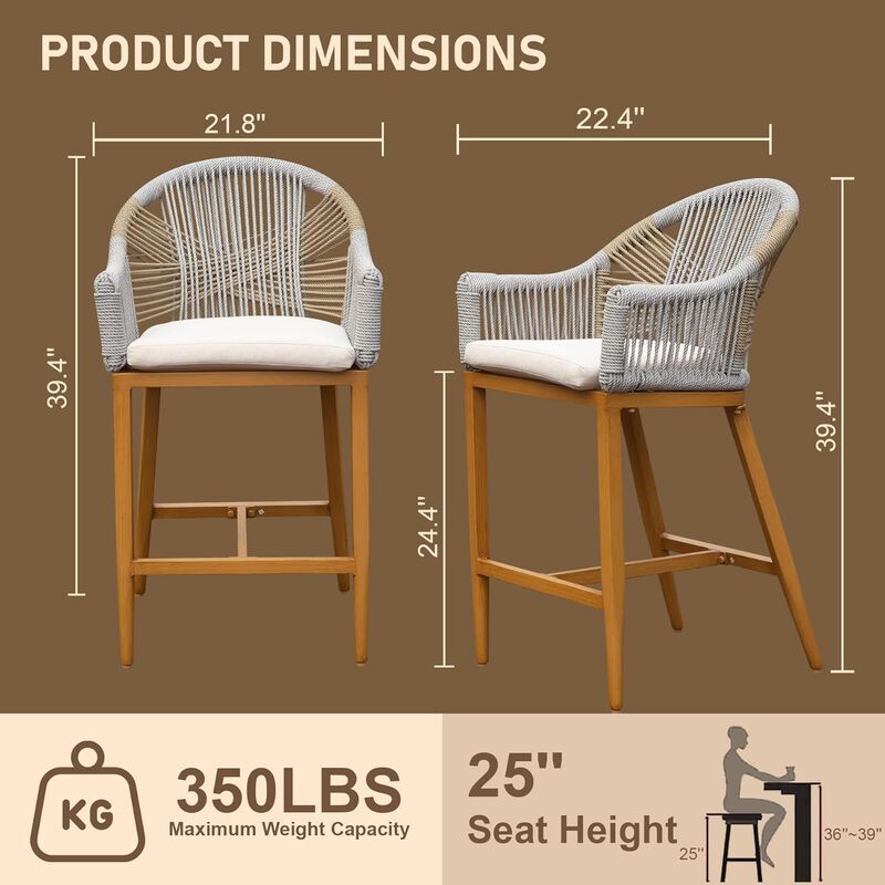 CLIHOME Modern Textilene Bohemian Style Barstools,Outdoor Patio Tall Bar Chairs with Cushion(Set of 2) image number 7