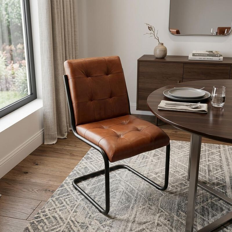 HomeRoots Tufted Cinnamon and Black Upholstered Leather Dining Side Chair image number 1
