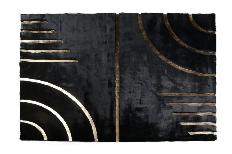 Gold Striped Black Geometric Fur Plush Rug