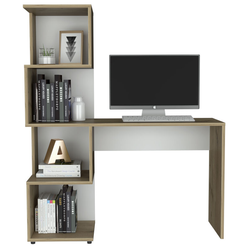 DEPOT E-SHOP Delhi Desk with Bookcase and 4 Storage Shelves, Light Oak / White