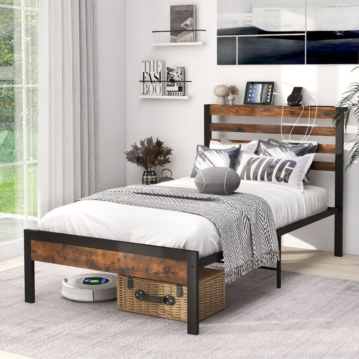 Bed Frame with Charging Station and Storage Headboard