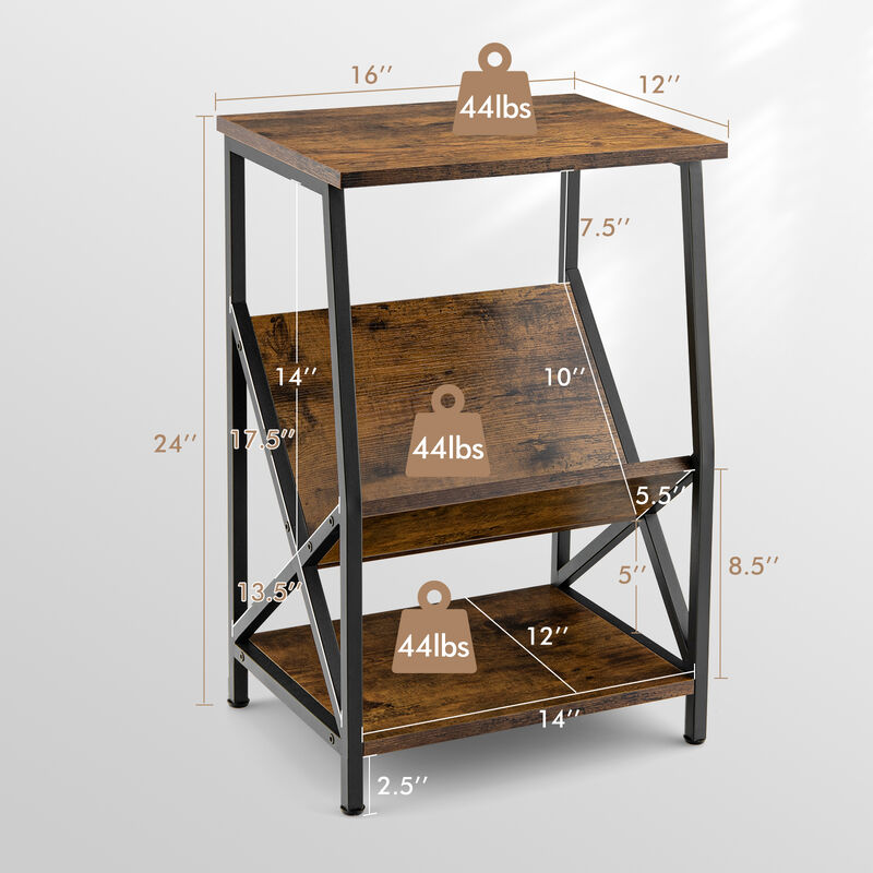 3-Tier Industrial Side Table with V-shaped Bookshelf for Living Room-Rustic Brown image number 5