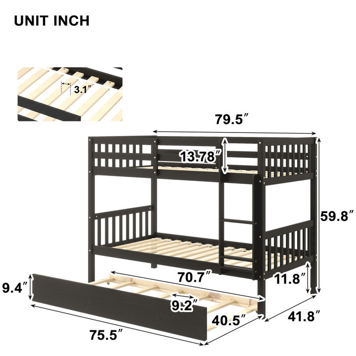 Twin Over Twin Bunk Beds with Trundle, Solid Wood Trundle Bed Frame with Safety Rail and Ladder, Kids/Teens Bedroom, Guest Room Furniture, Can Be converted into 2 Beds, Espresso