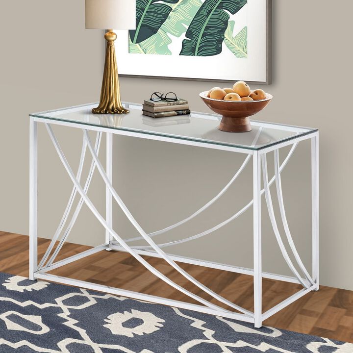 Glass Top Rectangular Sofa Table with Swooping  Curves, Clear and Silver-Benzara