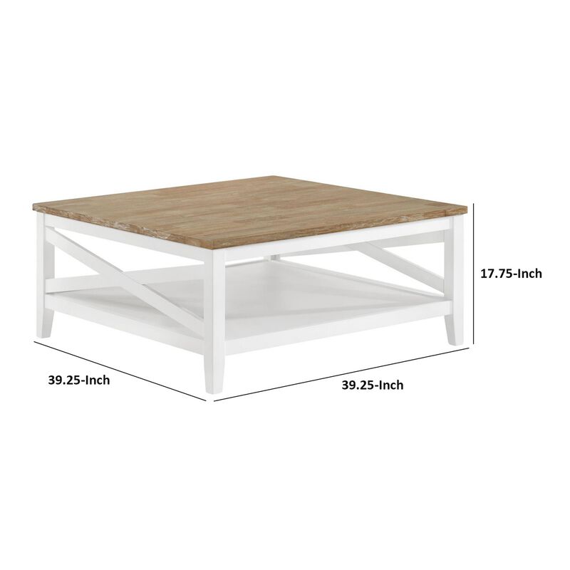 Maise 39 Inch Coffee Table, Rustic Wire Brushed Wood Top, Brown and White - Benzara