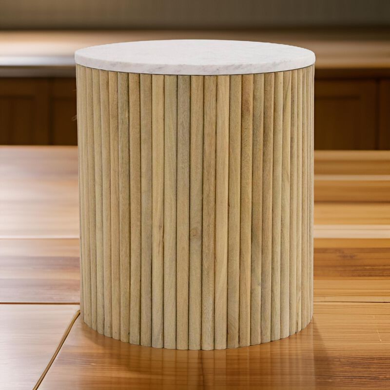 Cid Jolie 18 Inch Side End Table, White Marble Top, Brown Mango Wood Base