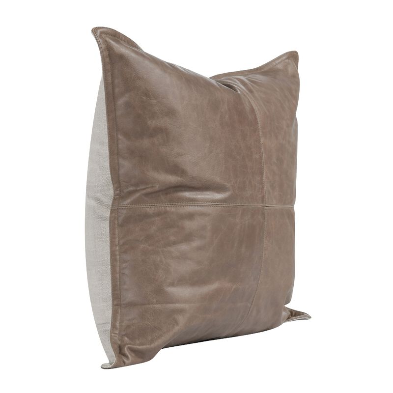 Norm 22 Inch Square Leather Decorative Throw Pillow, Stitched, Taupe Brown - Benzara image number 3