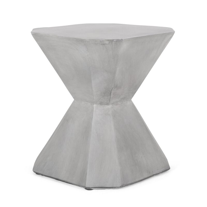 Outdoor End Table, Modern Hourglass Shape, 17 Inch, Natural Concrete - Benzara