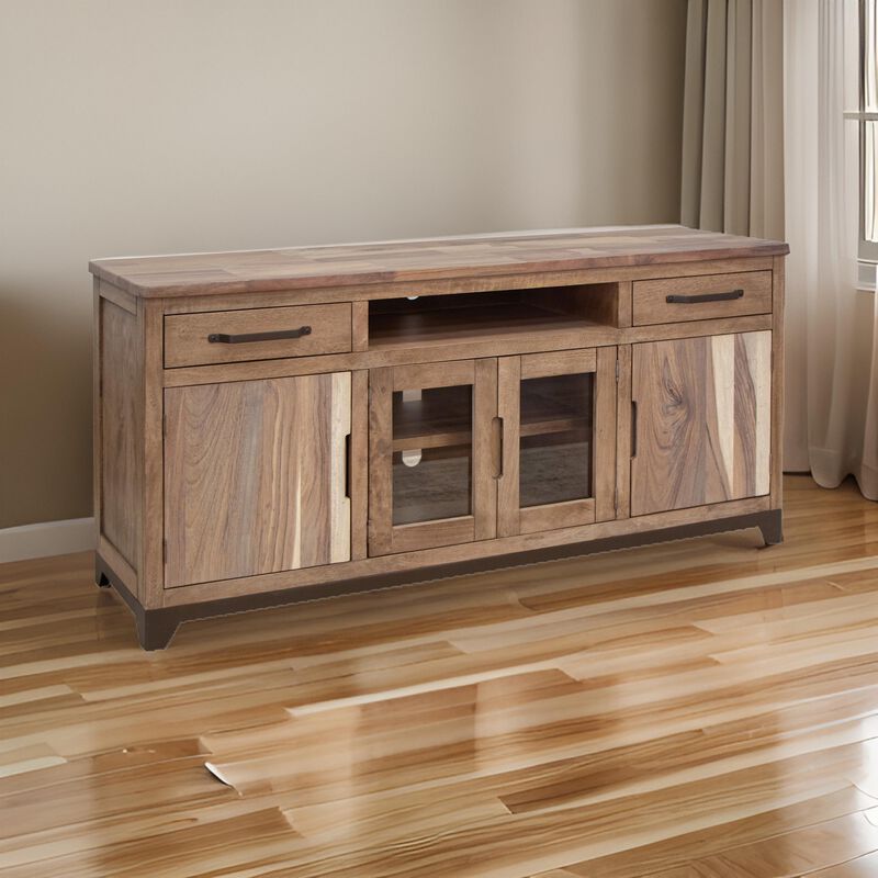 Umey 70 Inch TV Entertainment Console, 2 Drawers, Shelves, Wood, Brown - Benzara