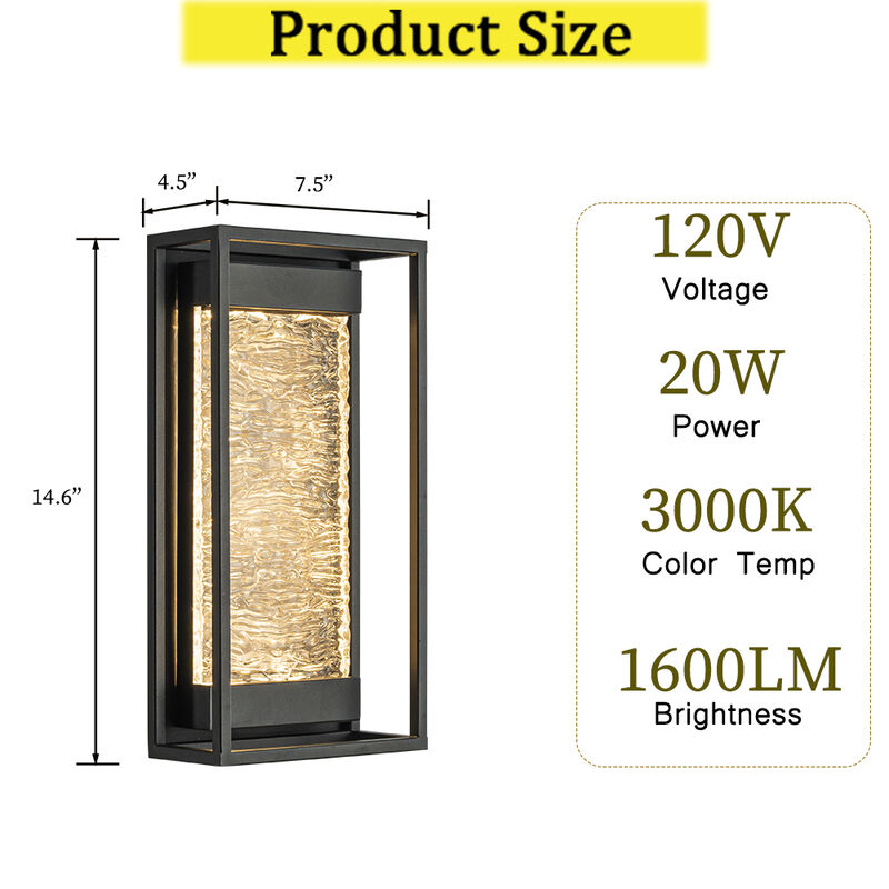H15" Modern Outdoor Integrated LED Wall Light with Dusk to Dawn Sensor Matte Black Exterior Light Fixture with Handcrafted Textured Glass Wall Lantern for Porch Garage Entryway image number 6