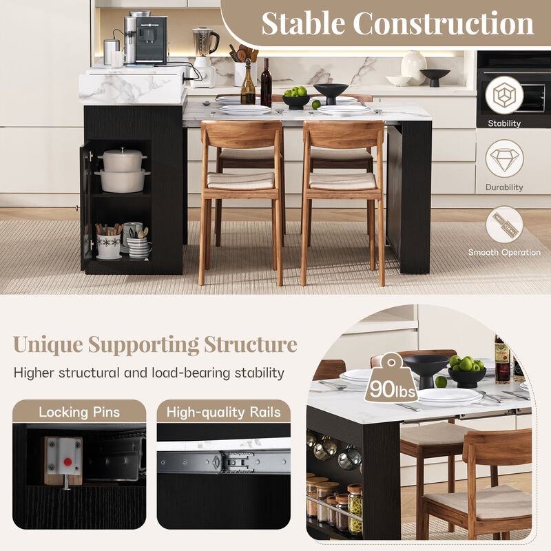 Whisen Extendable Dining Table 57.7"x32.7", Glass & MDF, w/Drawers, Power Outlet, Kitchen Island on Wheels image number 7