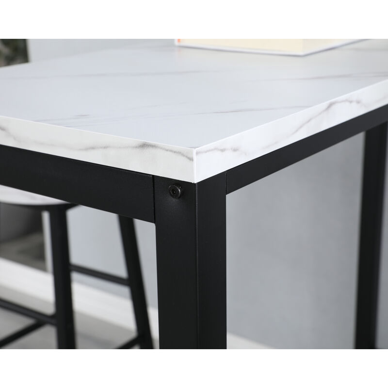 Faux Marble Black Table Top Bar Table with 2 Bar Chairs, Kitchen Counter with Bar Chairs, Breakfast Bar Table Sets, for Home, Kitchen, Office